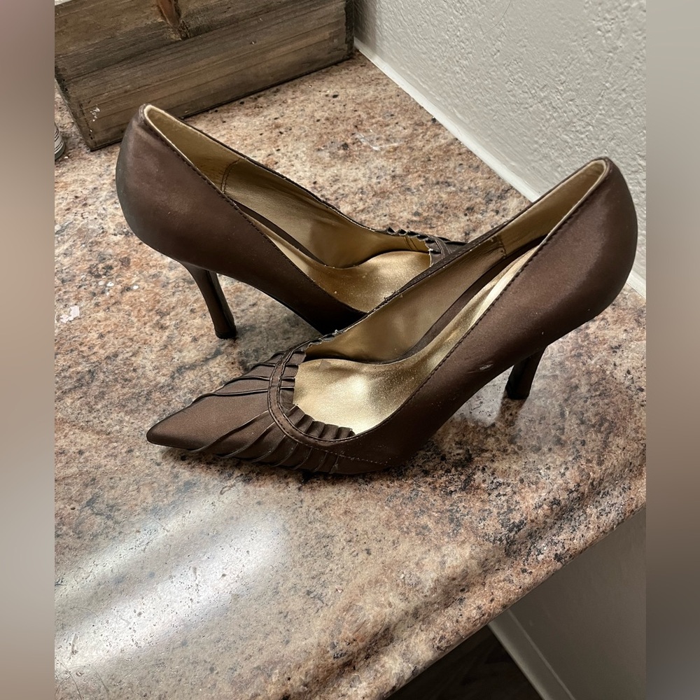 Gorgeous Brown Satin Covered Stilettos w/ Pointed Toe
